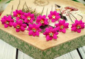 Шпильки для прически цветочек керамика фиолетовый листики мелкие+камушек ХВ-506