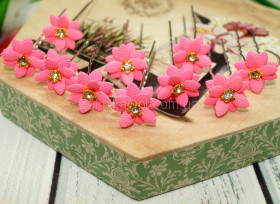 Шпильки для прически цветочек керамика светло-розовый листики мелкие розовый+камушек ХВ-506