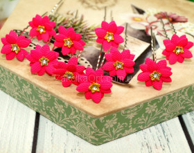 Шпильки для прически цветочек керамика малиновый листики мелкие+камушек ХВ-506