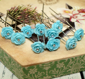 Шпильки для прически розочка керамика голубая+камушек ХВ-509